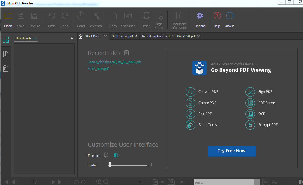 Slim PDF Reader latest version's user interface