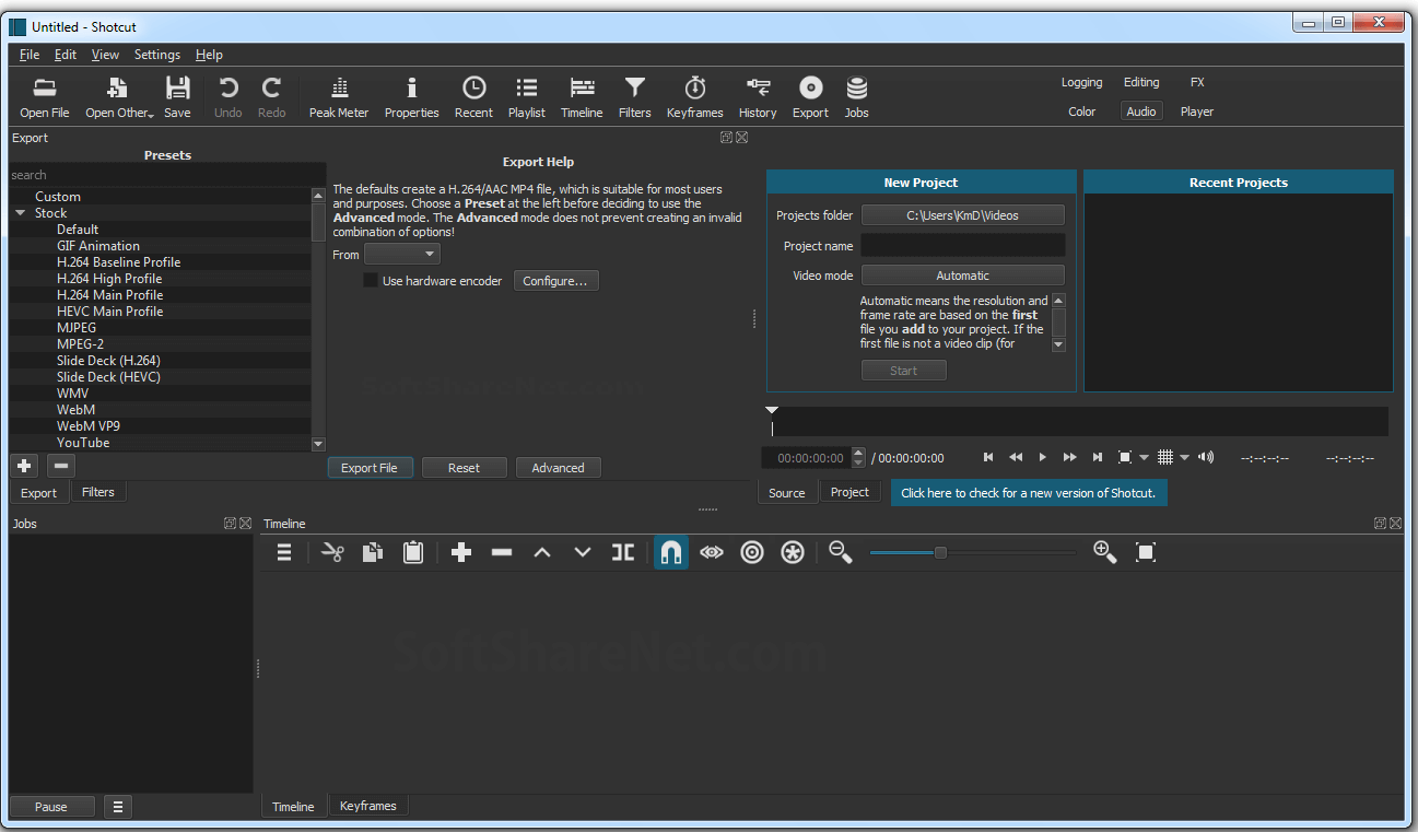 User Interface of Shotcut 32-bit