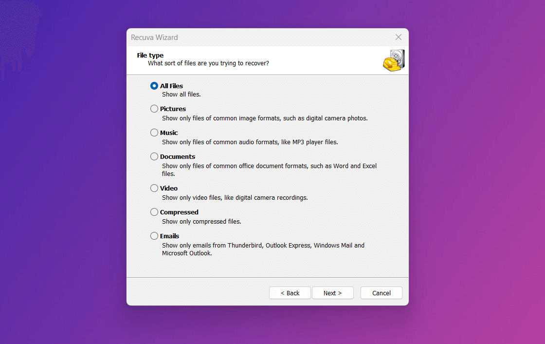 Process to recover deleted data using Recuva